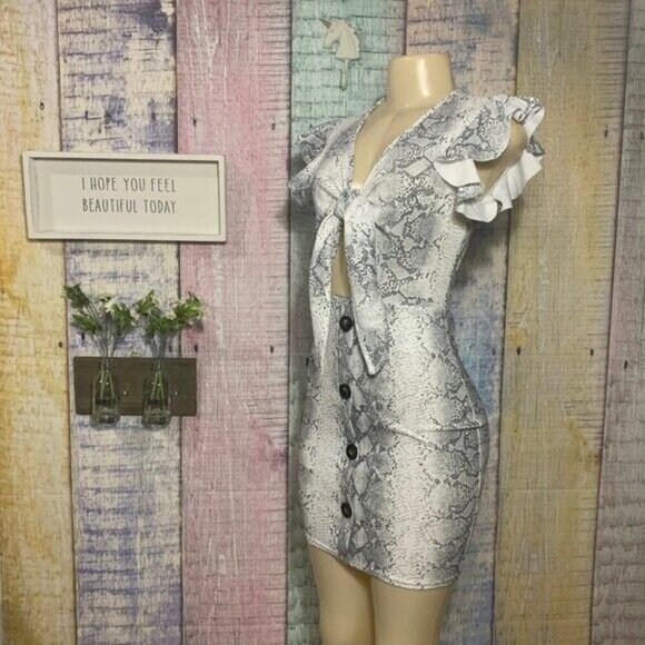 Snakeskin Print Tie Up Women's Medium Ruffled Sleeve Sexy Bodycon Party Dress - Picture 3 of 7